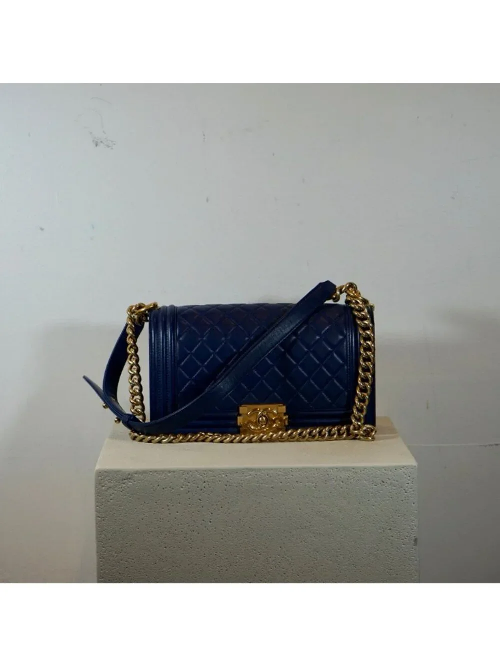 Chanel Boy Bag Caviar Blue with Gold Hardware